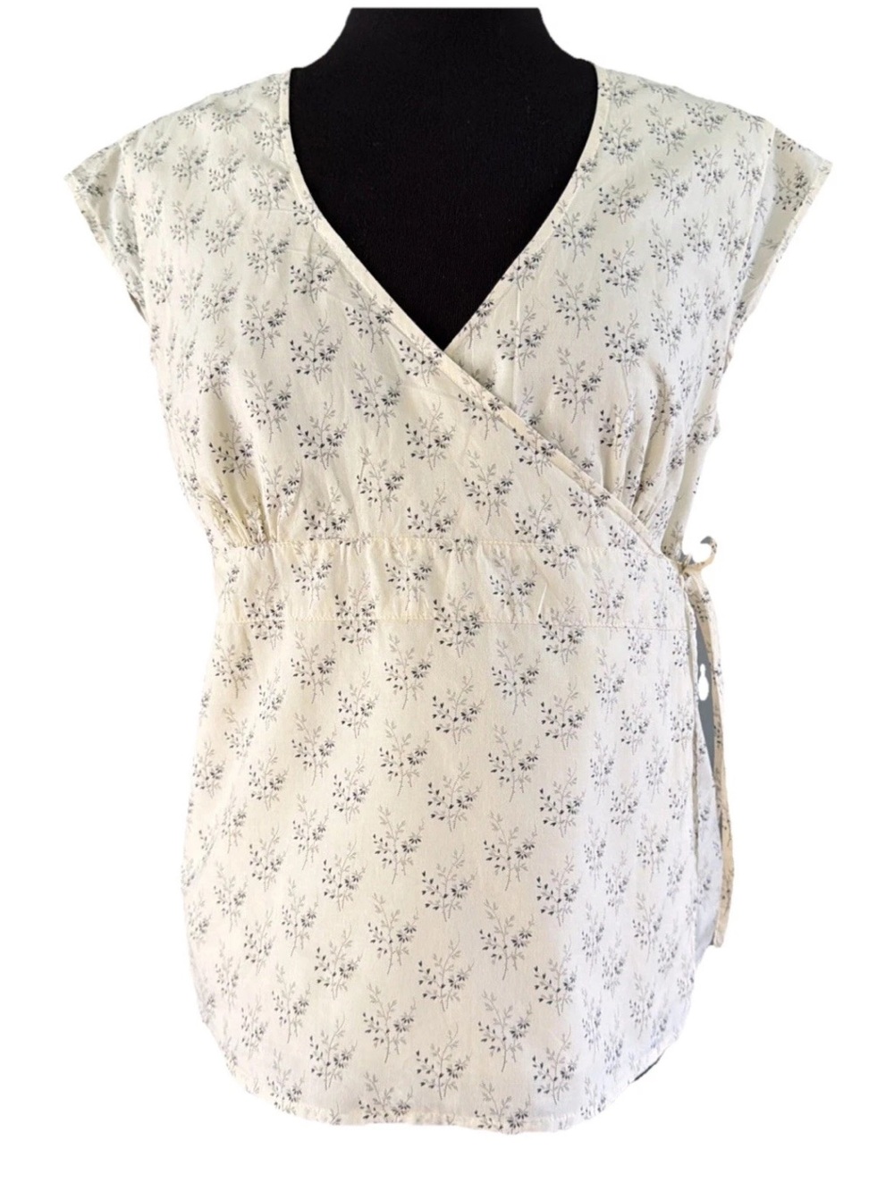 Sundance Cream & Black Wrap Top Cotton Cap Sleeve Floral Print Lined Size 6